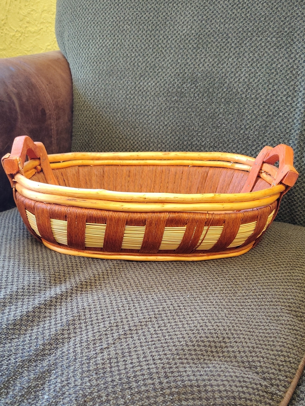 Handwoven Brown and Natural Wicker Basket with Handles